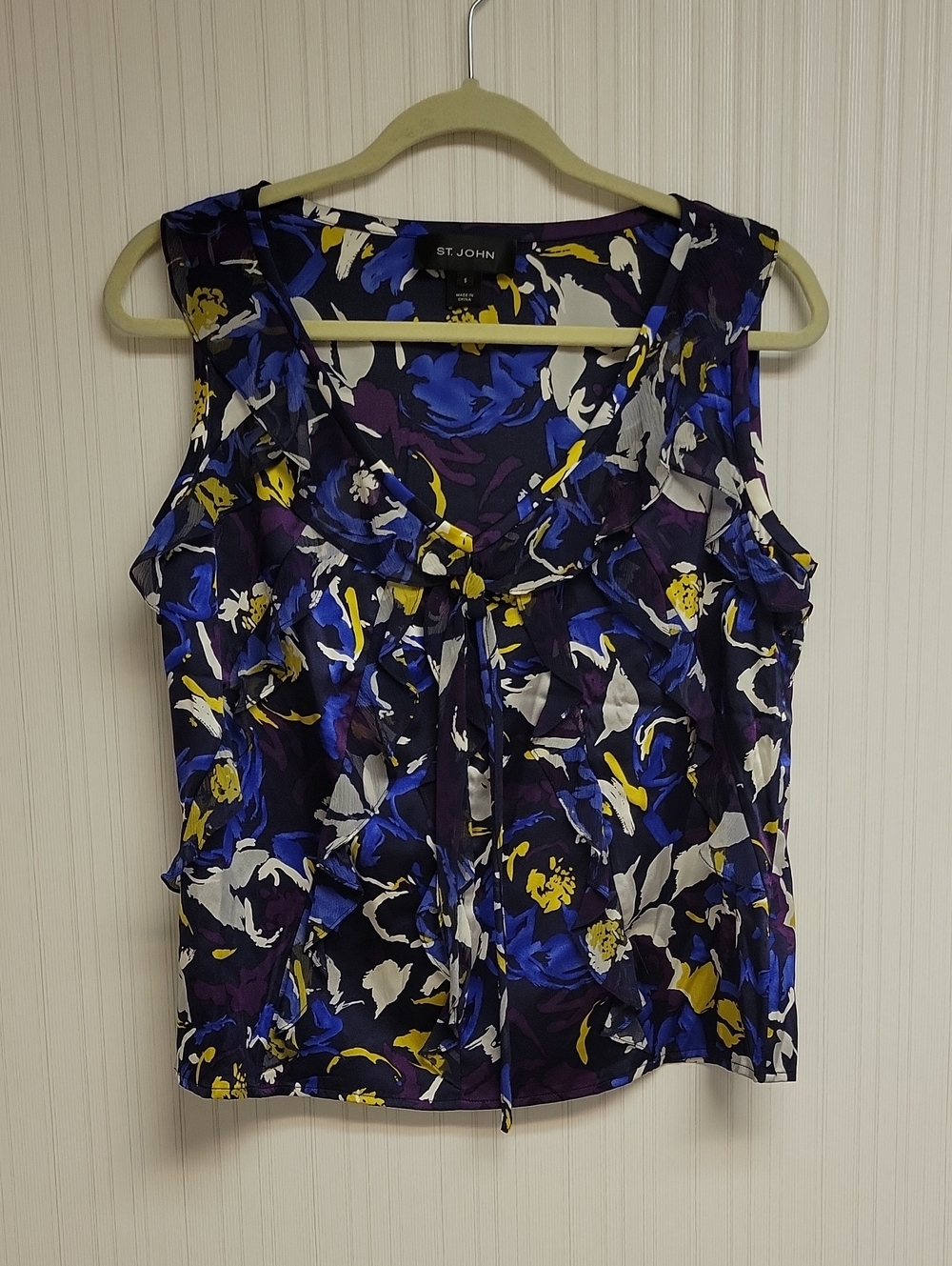 St. John Purple Navy Floral Ruffle Tie-Neck Silk Camisole Small Quiet Luxury